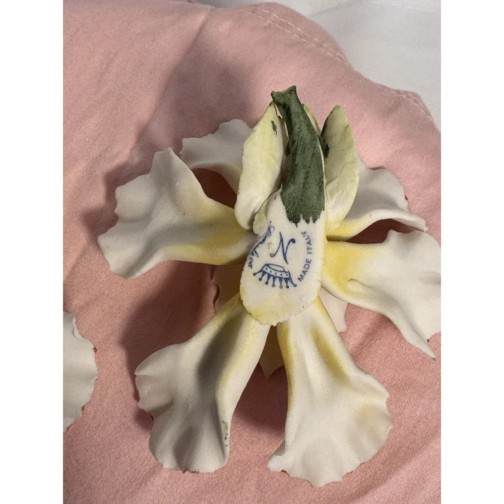 2 Vintage Capodimonte Porcelain Orchid Flower Delicate Bisque Yellow & White